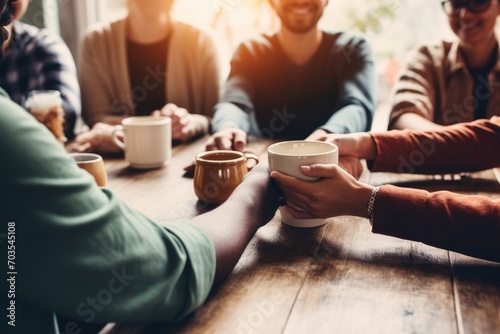 Group of business people drinking coffee and talking while sitting at table in office, diversity and people holding hands by a table at a group counseling or therapy session, AI Generated