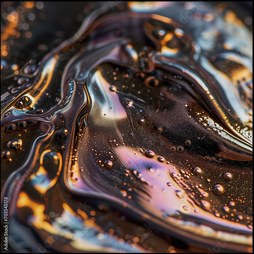 Macro photograph of cosmetic products with metallic hues, creating a melted metal effect 