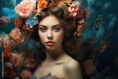 Portrait of a beautiful young woman with flowers in her hair. Beauty, fashion, Elegant young woman with beautiful flowers, AI Generated
