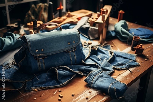 Handbags made from old jeans on a dressmaker table. DIY, denim upcycling, using old jeans, upcycle denim stuff. Sustainable lifestyle, hobby, crafting, recycling