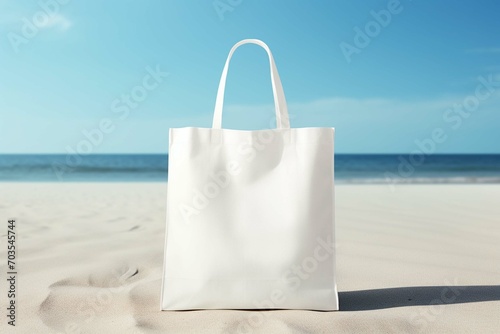 Hite cotton on beach sand background. Zero waste, no plastic, eco friendly shopping, recycling concept. Blank mockup shopper with copy space