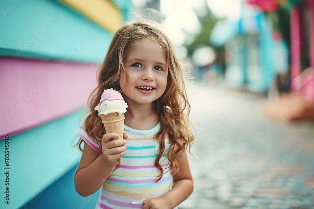 Cute little girl enjoys delicious ice cream outdoors in summer, radiating happiness and delight.