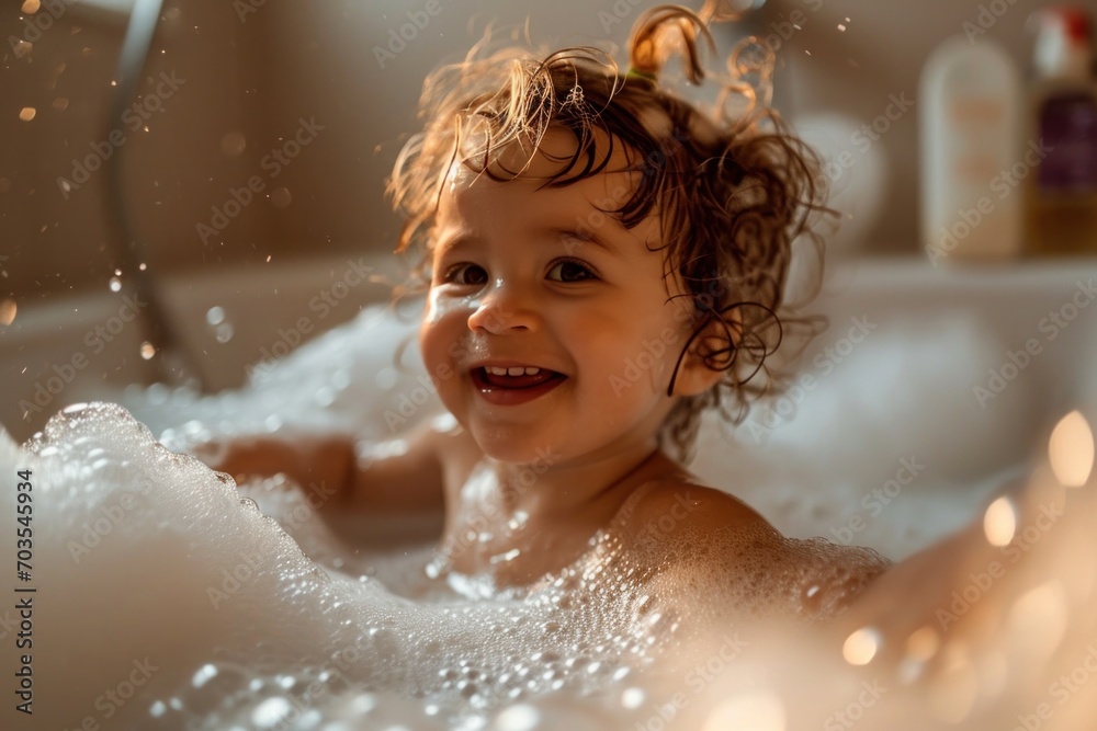 Adorable baby enjoys bathing in a clean bathtub filled with bubbles, demonstrating a joyful and healthy childhood. Adorable baby enjoys bathing in a clean bathtub filled with bubbles, demonstrating a joyful and healthy childhood.