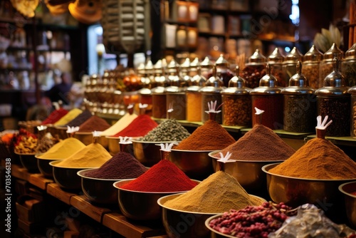 Spices on the Grand Bazaar in Istanbul, Turkey. The Grand Bazaar is one of the largest and oldest markets in Istanbul, Egyptian Bazaar in Istanbul offers, AI Generated photo