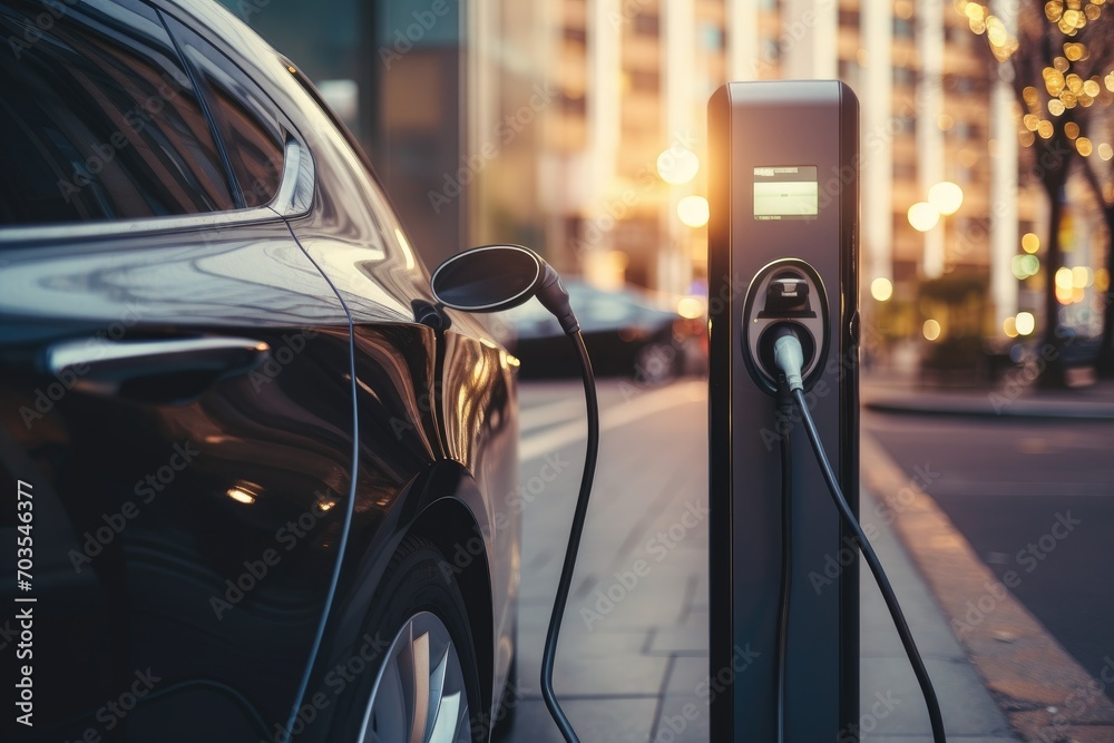 Charging an electric car in the city at night. Close-up, electric vehicle charging station with power cable supply plugged station, AI Generated Charging an electric car in the city at night. Close-up, electric vehicle charging station with power cable supply plugged station, AI Generated