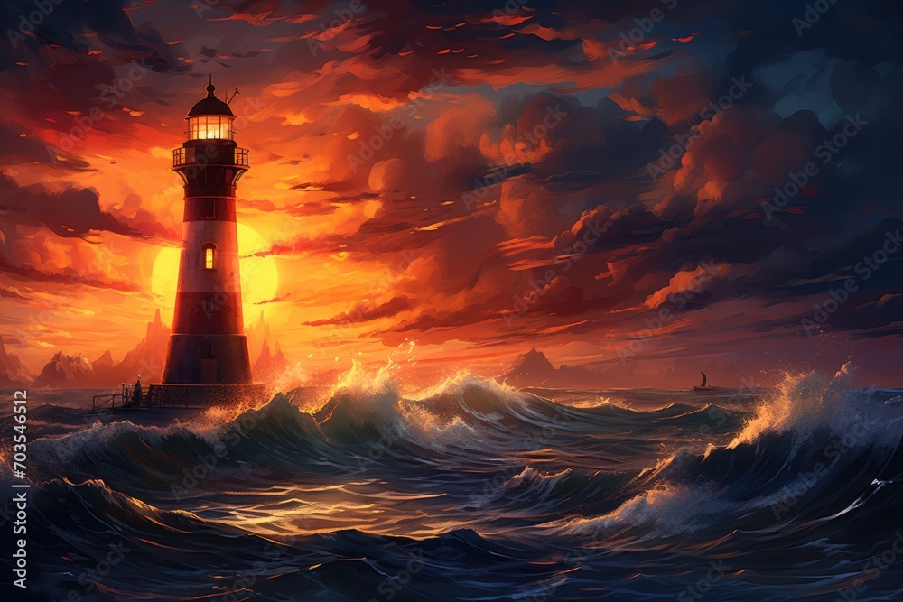 Beautiful seascape with lighthouse at sunset. 3D rendering, Digital painting portraying a lighthouse situated in the middle of the ocean at sunset, AI Generated