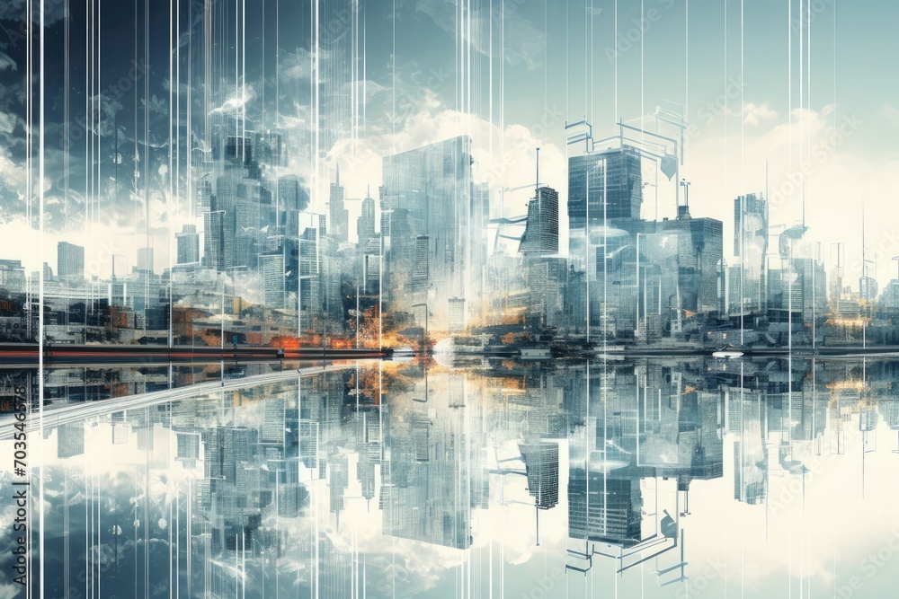 Modern cityscape with buildings and skyscrapers. Mixed media. Mixed media, Double exposure of a cityscape and a high technology network connection concept is, AI Generated