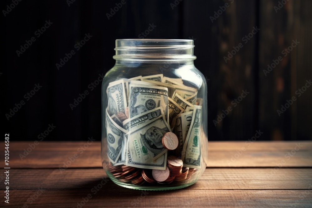 Money in the glass jar on wooden table. Saving money concept, Dollar bills in a glass jar on a wooden surface, AI Generated Money in the glass jar on wooden table. Saving money concept, Dollar bills in a glass jar on a wooden surface, AI Generated