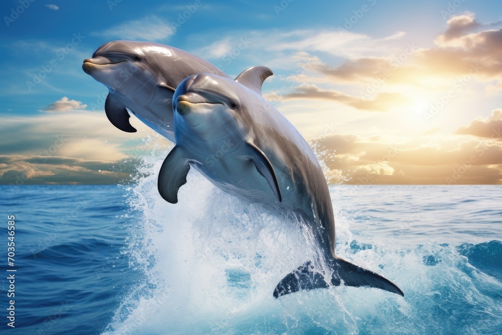 Fototapeta premium Dolphins jumping out of the water at sunset. 3d rendering, Dolphins joyfully leaping out of the ocean waves against a blue sky background, AI Generated