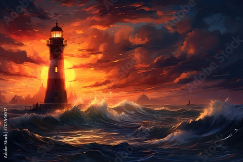 Beautiful seascape with lighthouse at sunset. 3D rendering, Digital painting portraying a lighthouse situated in the middle of the ocean at sunset, AI Generated