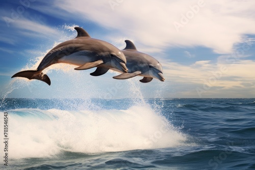 Dolphins jumping out of the water on the background of the sea  Dolphins joyfully leaping out of the ocean waves against a blue sky background  AI Generated