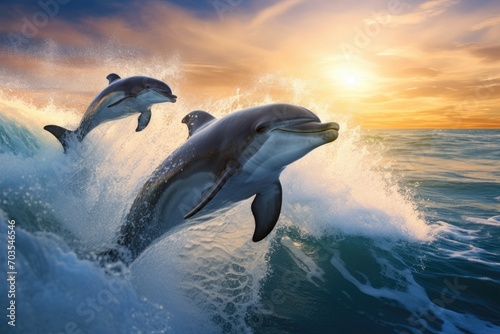 Dolphins jumping out of the water at sunset. 3d rendering, Dolphins joyfully leaping out of the ocean waves against a blue sky background, AI Generated © Iftikhar alam