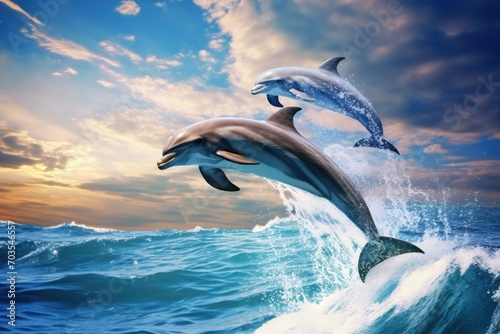 Dolphins jumping out of the water. 3D render illustration  Dolphins joyfully leaping out of the ocean waves against a blue sky background  AI Generated