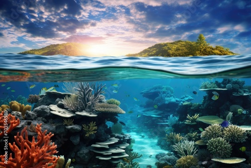 Underwater world with coral reef and tropical fish. 3d render, Discover ocean rejuvenation through a collaborative restoration of marine ecosystems, AI Generated © Iftikhar alam