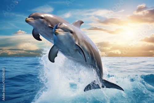 Dolphins jumping out of the water at sunset. 3d rendering  Dolphins joyfully leaping out of the ocean waves against a blue sky background  AI Generated