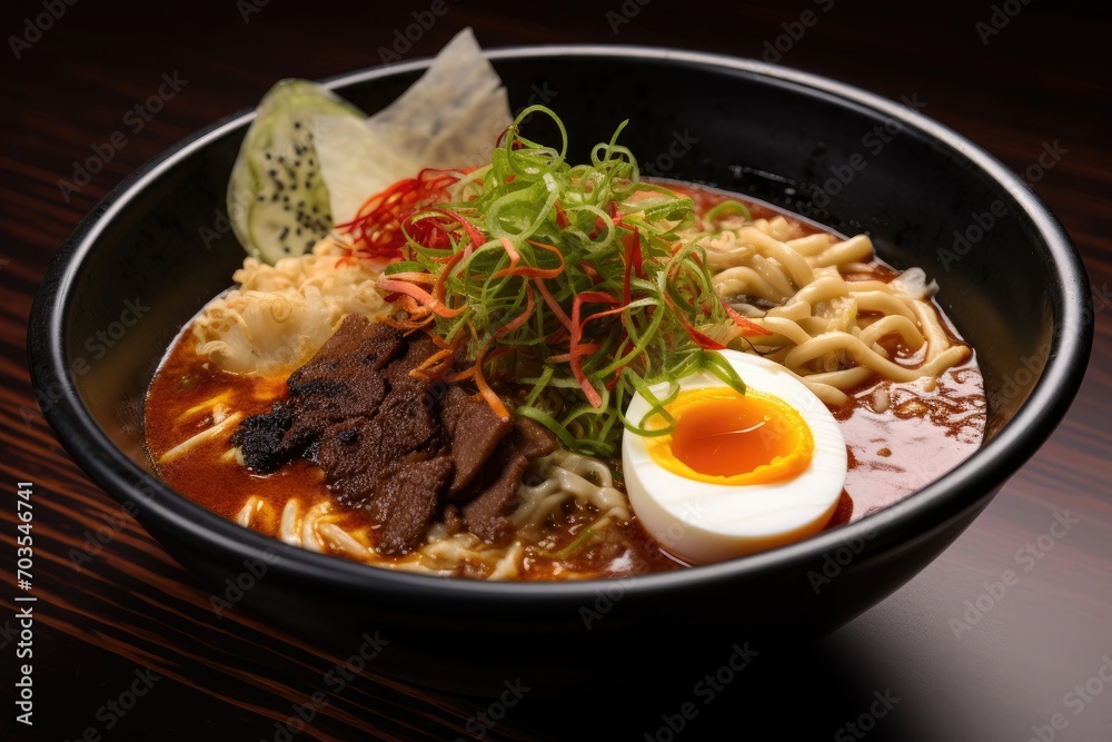 japanese ramen noodle with pork and egg on black background, Embark on a spicy ramen adventure with a steaming bowl of noodles, vibrant toppings, and tantalizing chili oil, AI Generated
