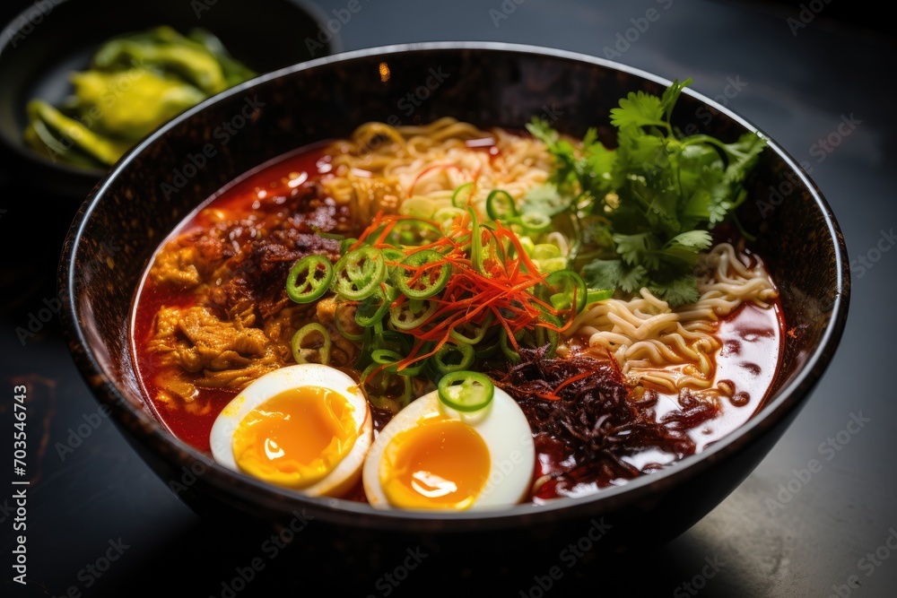Japanese ramen noodle with beef and egg on a wooden table, Embark on a spicy ramen adventure with a steaming bowl of noodles, vibrant toppings, and tantalizing chili oil, AI Generated