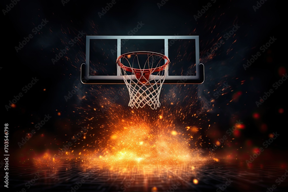 Basketball hoop and ball on fire background. Vector Illustration, AI Generated