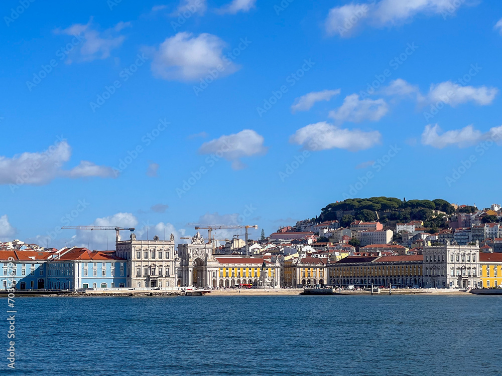 Lisbon Comercio Square and Castle Hill seen from Tagus River