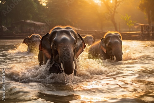 Elephants bathing in the river at Chitwan National Park, Nepal, Elephants bathe in the river in Chiang Mai, Thailand, capturing a serene moment, AI Generated photo