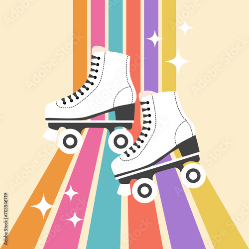 Vintage roller skates on a rainbow background. Retro icon, illustration in flat cartoon style. Vector