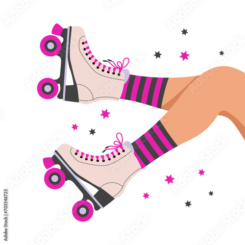 Legs of a girl in retro roller skates and socks. Woman on roller skates. Retro illustration in flat style. Vector