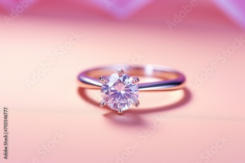 Wedding ring on a pink background with palm leaf, close up, AI Generated