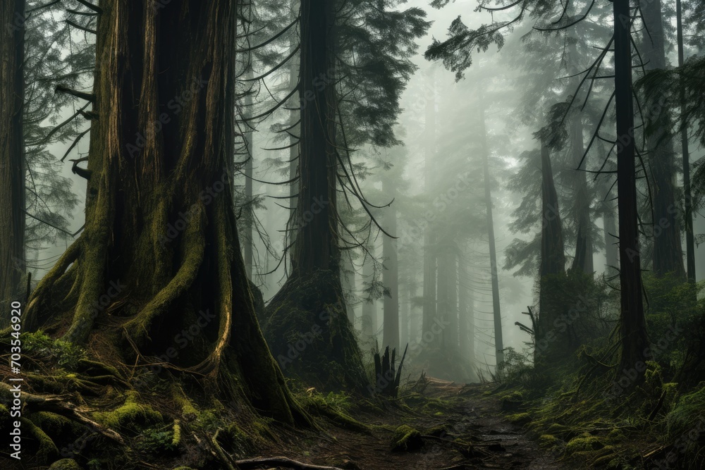 Fototapeta premium Redwood Forest in California, USA. Redwood National Park is one of the oldest national parks in the world, Early morning fog enveloping a towering, ancient forest, AI Generated
