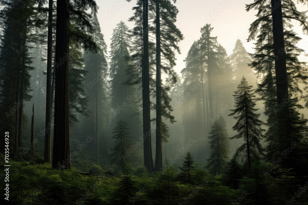 Mysterious forest in the morning with fog and sunbeams, Early morning fog enveloping a towering, ancient forest, AI Generated Mysterious forest in the morning with fog and sunbeams, Early morning fog enveloping a towering, ancient forest, AI Generated