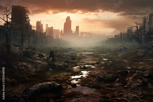 Fantasy landscape with city destroyed by the fire. 3D rendering, Dystopian world with sparse vegetation and thick, polluted skies, AI Generated