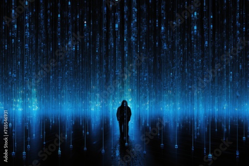 Man in front of a binary code on a dark blue background, Electric blue binary code rain, AI Generated