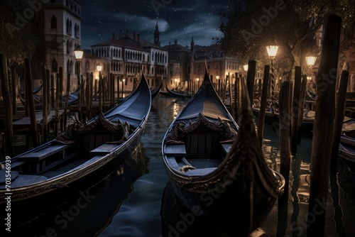 Gondolas on Grand Canal at night, Venice, Italy, Elegant gondolas in Venetian water canal under moonlit night, AI Generated © Iftikhar alam