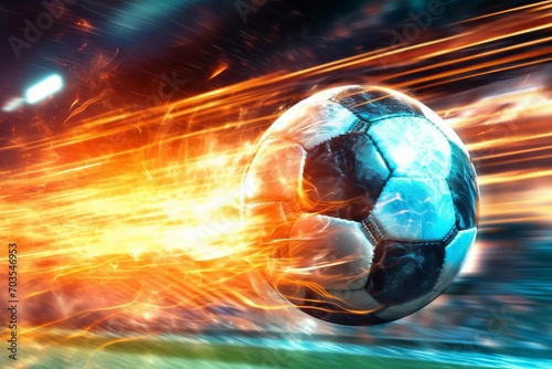 a soccer ball surrounded by bright tongues of fire. There are sparks and embers around the flames, adding to the dramatic effect of energy and dynamics photo
