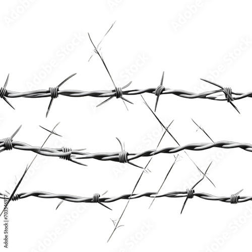 Barbed wire vector illustration  horizontal seamless pattern and separate elements of barbwire isolated on background. Metal protective barrier with sharp barbs for industrial and agricultural fencing