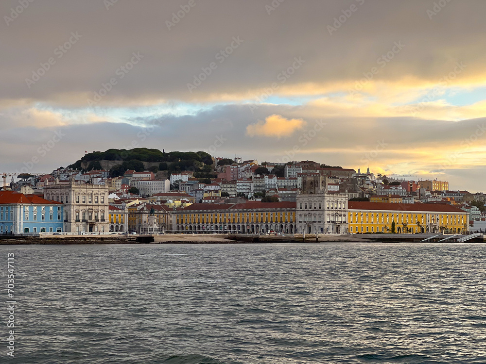 Lisbon Comercio Square and Saint George Castle hill seen from the Tagus River