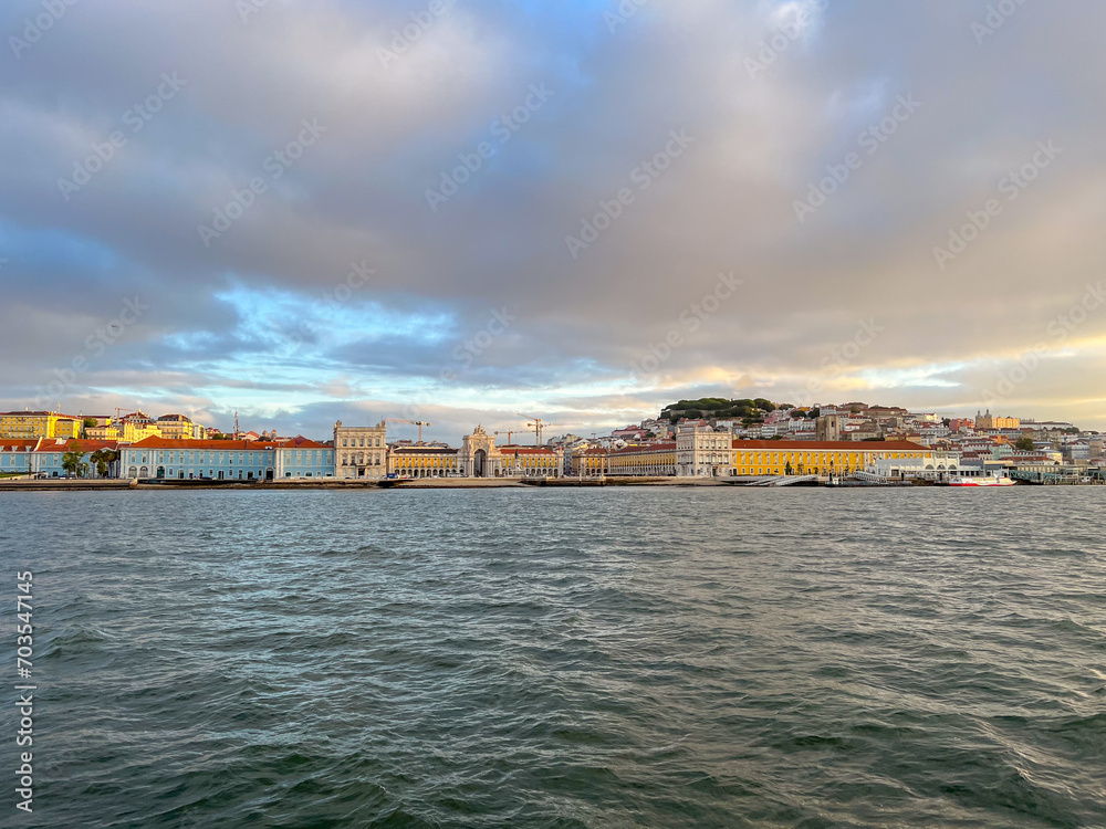 Downtown Lisbon riverfront seen from Tagus River
