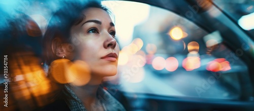 Unfocused image of a woman in a car experiencing brain or inner ear issues like vertigo or dizziness. photo