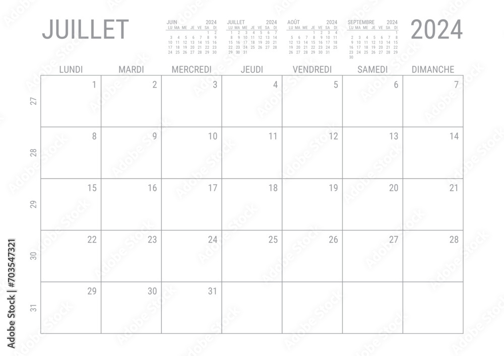 Calendrier Juillet 2024 Mensuel Planificateur avec Numero de Semaine à imprimer A4