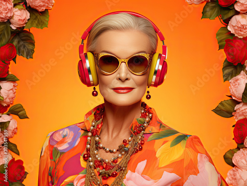 hi class grand ma listen to music in colorful cloth flowers orange sunny background
