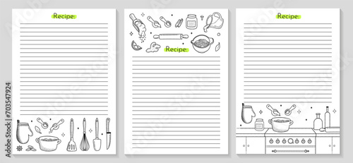Cooking recipe 3 posters with Kitchen utensils outline icon. Empty cookbook pages for homemade baking.