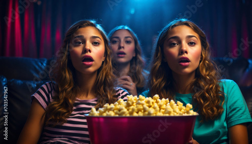 Pretty girls watch a movie in the cinema.
