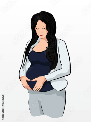 Vertical format portrait lineout illustrated pregnant woman black colorful cartoon looking style