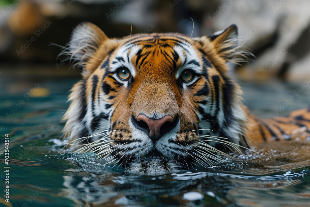 tiger refreshing and swims in a pond