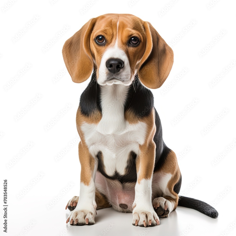 cute serious beagle dog sitting isolated on white background