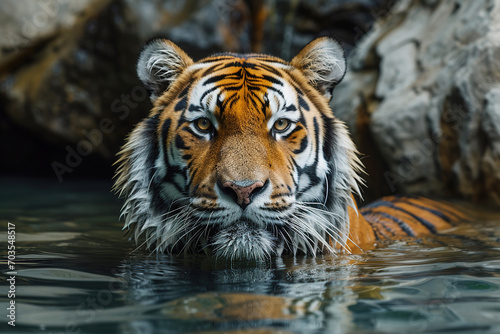 portrait of tiger swims in water of a pond