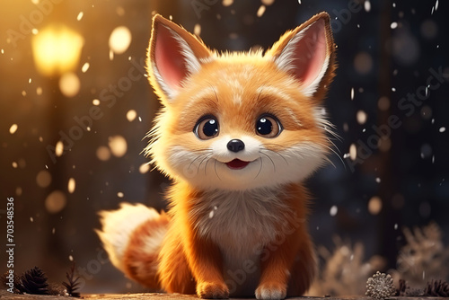 cute cartoon little fluffy fox on a blurred background with snowfall photo