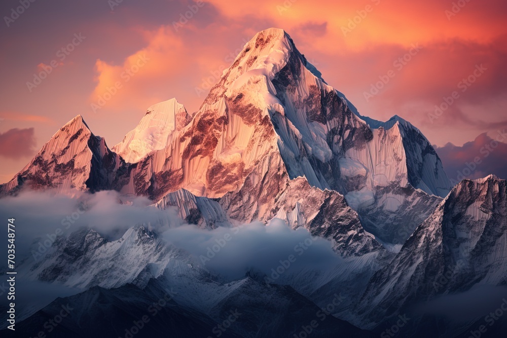 snow capped mountain peaks in the clouds at a sunrise or sunset
