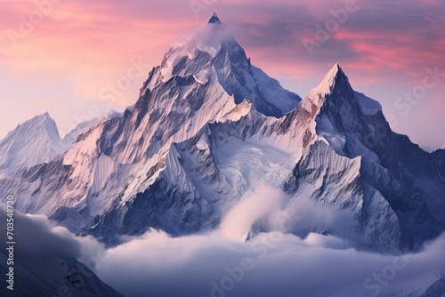 majestic snowy mountain peaks in the clouds at a pink dawn