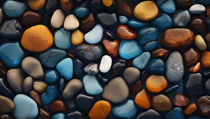 Flat smooth river pebble stones texture, Rock wall, Colorful stone background. A close up of a bunch of rocks and pebbles
