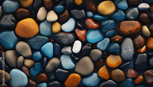Flat smooth river pebble stones texture, Rock wall, Colorful stone background. A close up of a bunch of rocks and pebbles photo